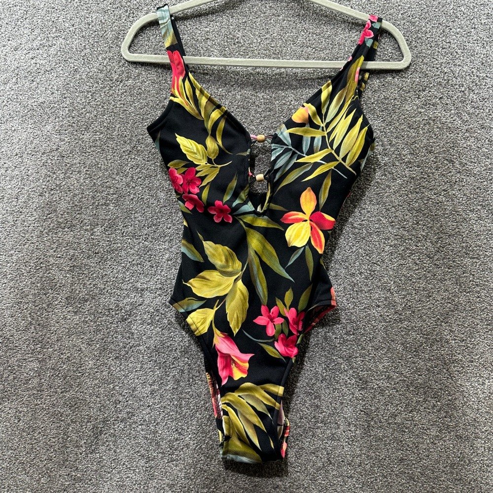 VTG 90s Jamaica Bay Tropical Floral One Piece Swimsuit Size 10 Black Floral